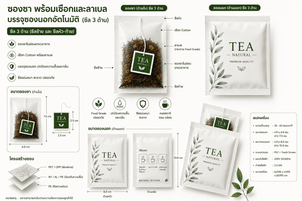 ตัวอย่างรูปแบบซอง — เครื่องบรรจุชาซองในและซองนอกอัตโนมัติ รุ่น YS-169
