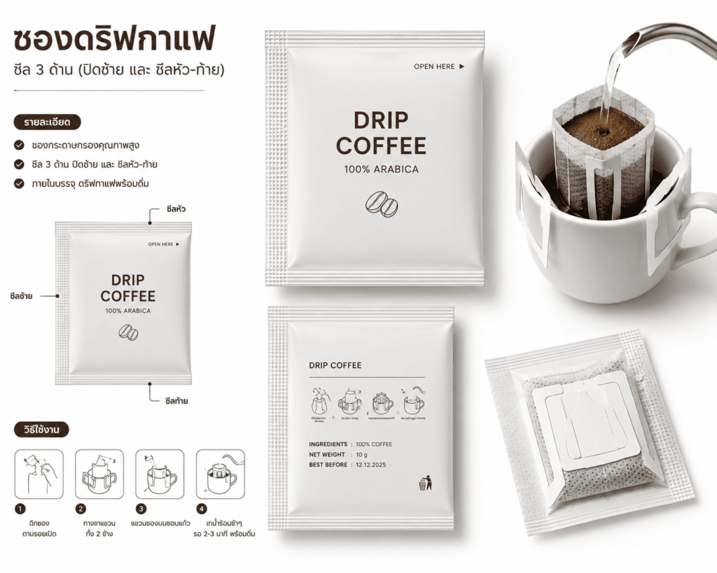 ตัวอย่างรูปแบบซอง — เครื่องบรรจุกาแฟดริปซองในและซองนอกอัตโนมัติ รุ่น YS-188