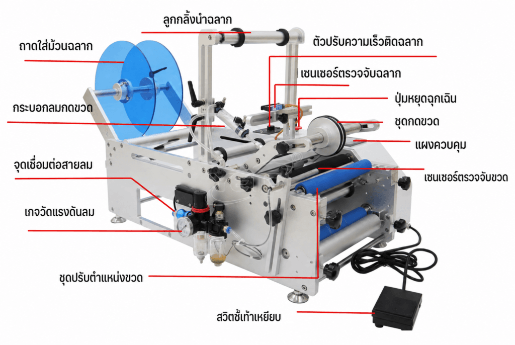 ตัวอย่างรูปแบบบรรจุภัณฑ์ — เครื่องติดสติ๊กเกอร์ขวดกลมตั้งโต๊ะกึ่งอัตโนมัติ รุ่น KL-01
