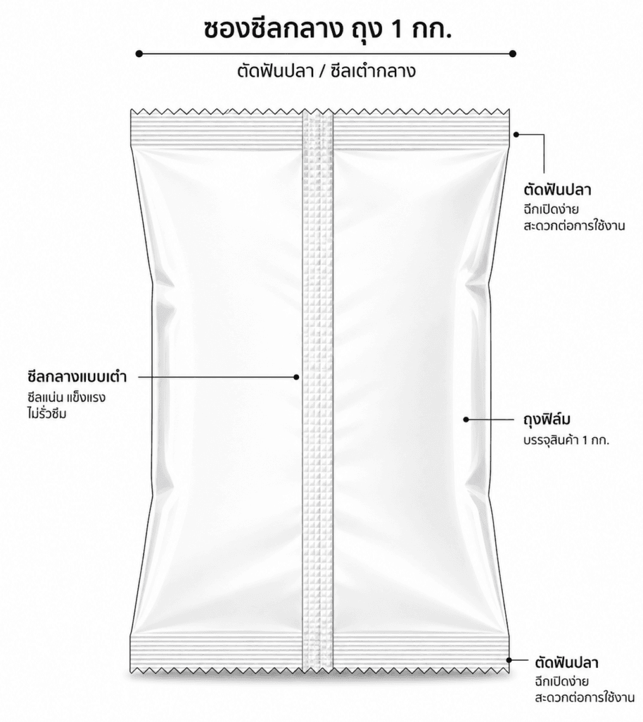 ตัวอย่างรูปแบบซอง — เครื่องชั่ง 10 หัวพร้อมระบบ Vacuum Packing รุ่น OMW-420 10H